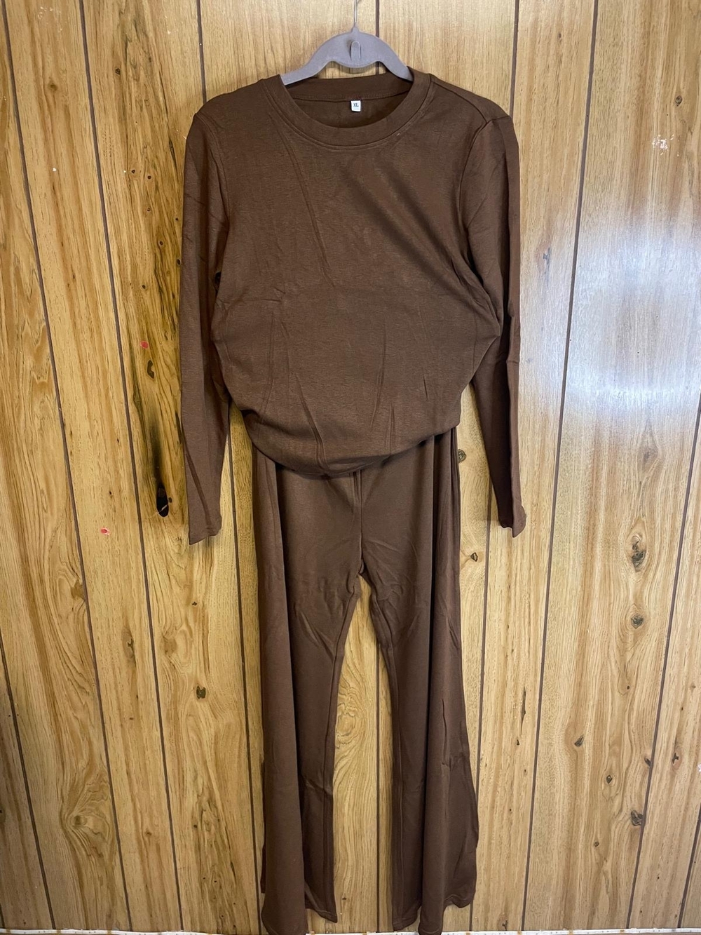 Brown Two-Piece Long Sleeve Top and Flared Pants Set